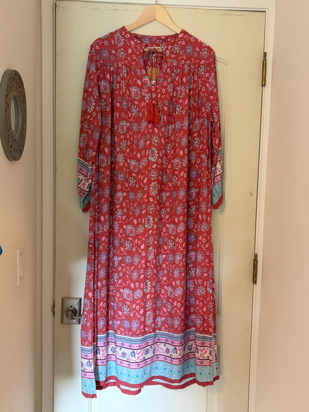 NATURAL LIFE Red Floral Boho Maxi Dress with Tassel Tie